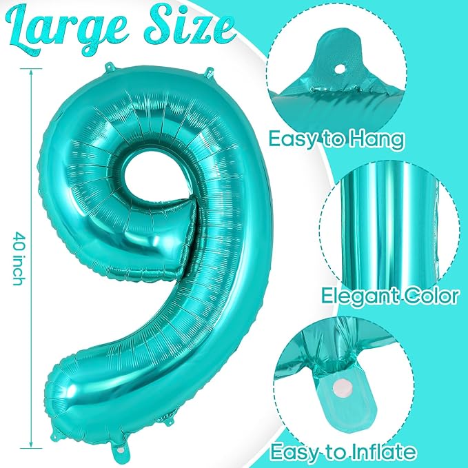 Teal Blue Number 9 Balloon, 40 Inch Big Large Foil Helium Number Balloons - Image 3