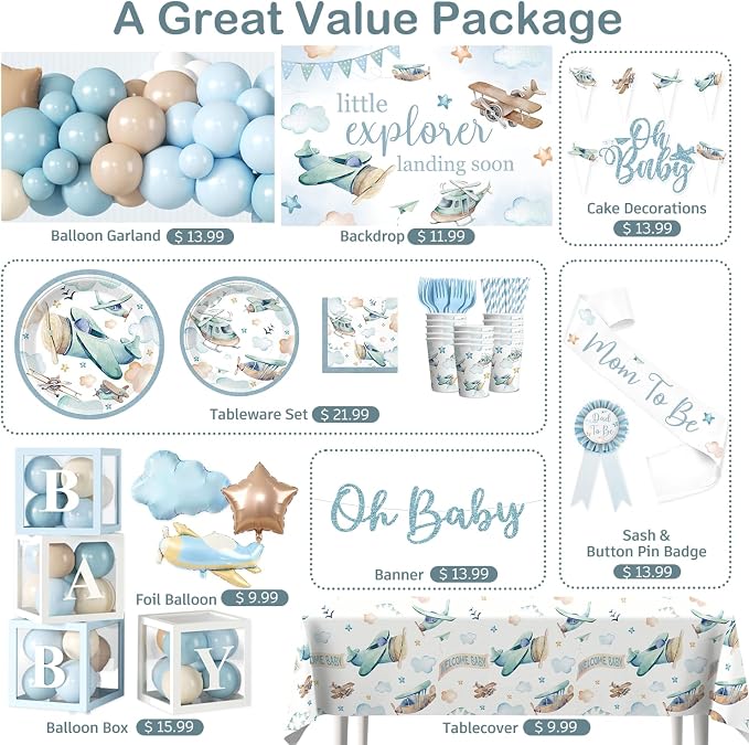 288PCS Cocomigo Blue Airplane Baby Shower Decorations - Image 3