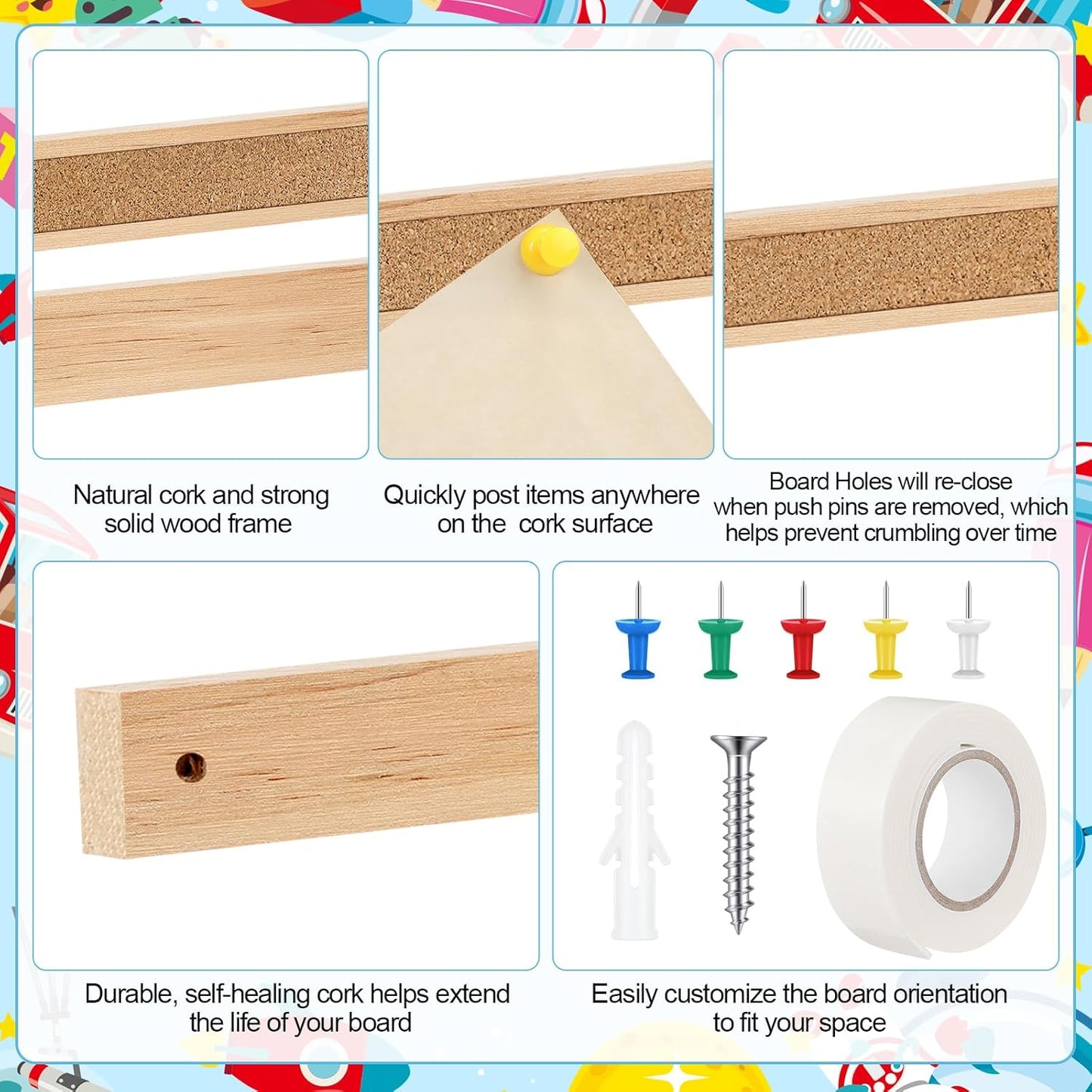 5 Pcs 48" x 1" Cork Strips Bulletin Bar Strips for Wall Bulletin Board Aluminum Trim Brown Cork Boards with Accessories for Paste Notes Photos Classroom Office Holiday Decor