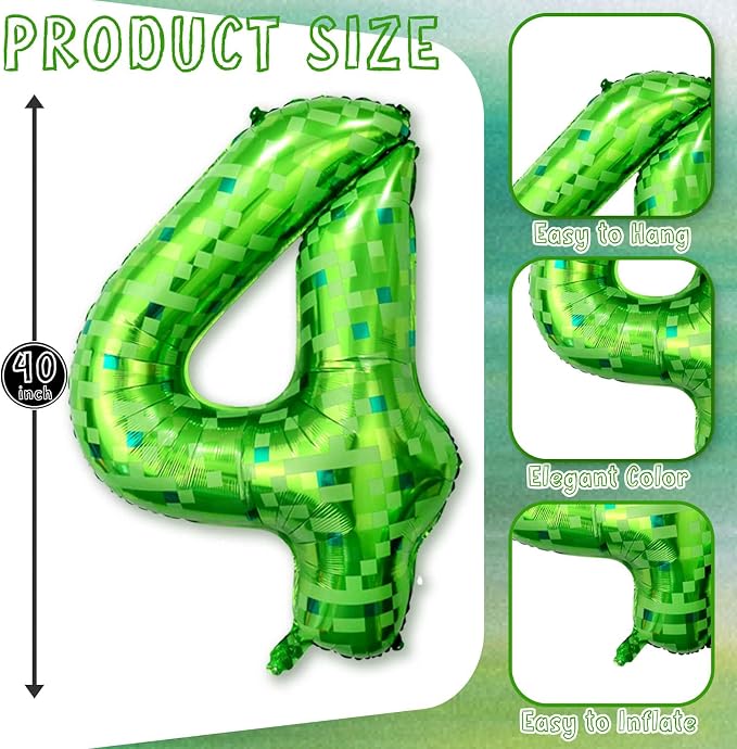 40 Inch Green Pixel Number 4 Balloon, Lime Green Large Foil Number Balloon 4th - Image 3