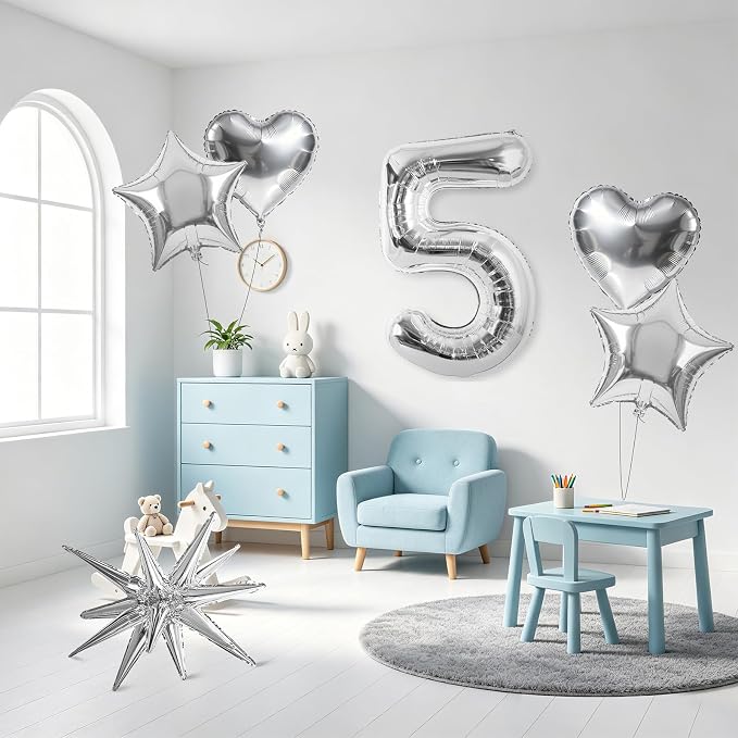 TONIFUL 5th Birthday Balloons Kit 40Inch Silver Large Number 5 Foil Balloon | - Image 4