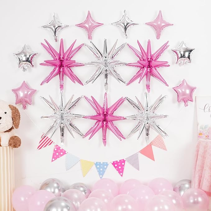 14pcs Pink Silver Star Balloons, Mixed Star Foil Balloon, 22Inch Explosion - Image 3