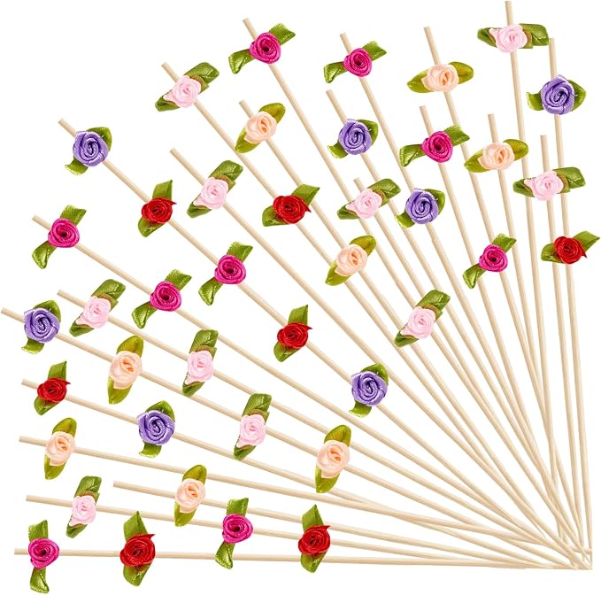 100 pcs Mother's day Valentines Day Cocktail Picks Multicolored Roses Bamboo by Unknown