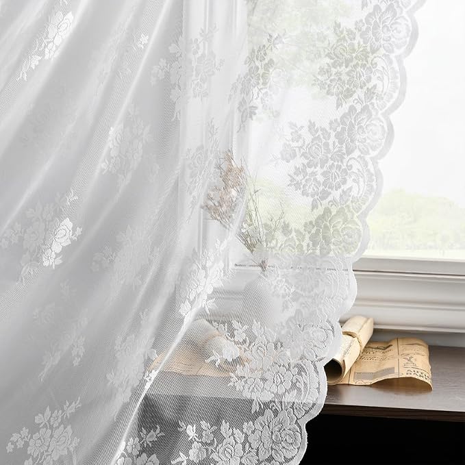 Kotile White Lace Curtains for Bedroom Rustic Floral 52 x 63 Inch, 2 Panels | - Image 5