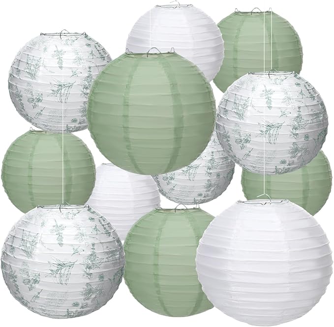 Riakrum 18 Pcs Floral Paper Lantern Set 10" 8" Sage Green and White Flower by Riakrum