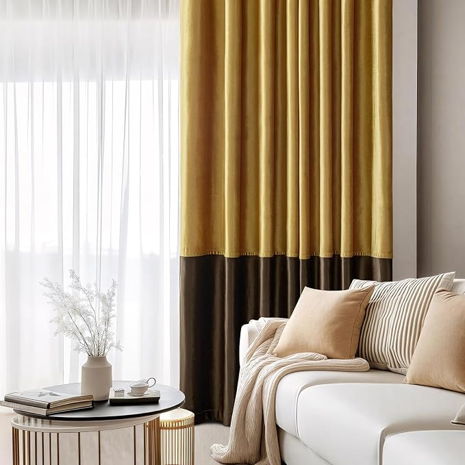 Brown Gold Velvet Blackout Curtains Luxury Decor 120 inches, Color Block | - Image 7