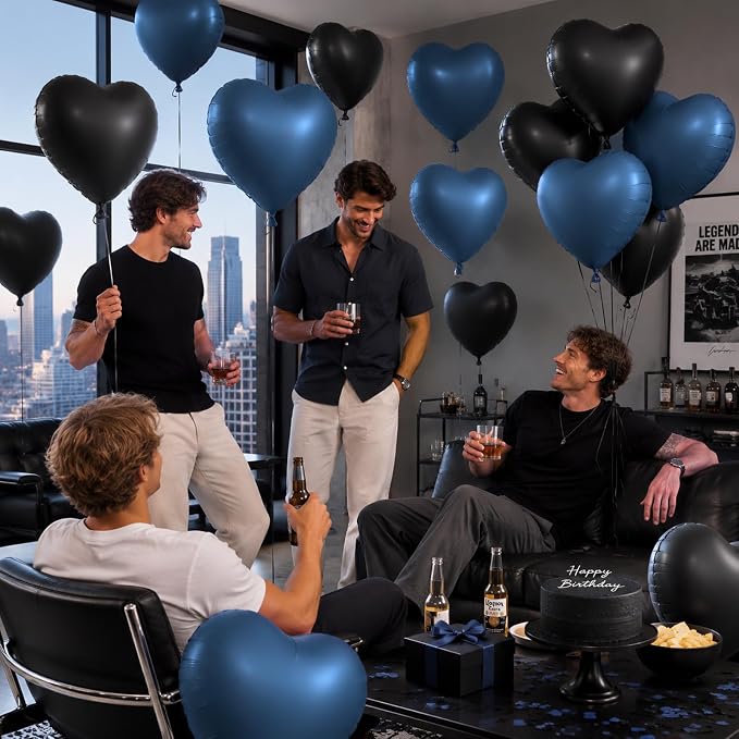 TONIFUL 15 Pack 18 Inch Matte Black and Dusty Blue Heart Foil Balloons Dark - Image 4