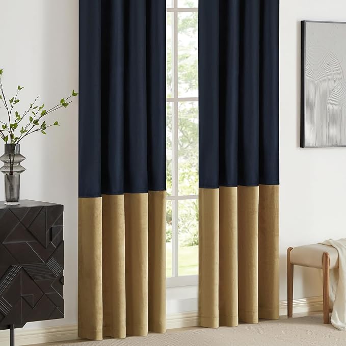 Navy Gold Velvet Blackout Curtains Luxury Decor 63 inches, Color Block | Living - Image 4