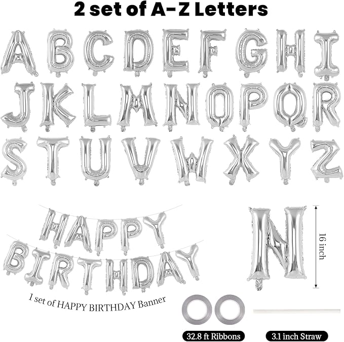 65 Pcs Silver Happy Birthday Balloons, 2 Sets A-Z Silver Letters Foil Balloons - Image 2