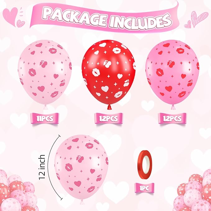 Red Pink Printed Balloons, Light Pink and Red Lip Kiss Cherry Printing Balloons - Image 2