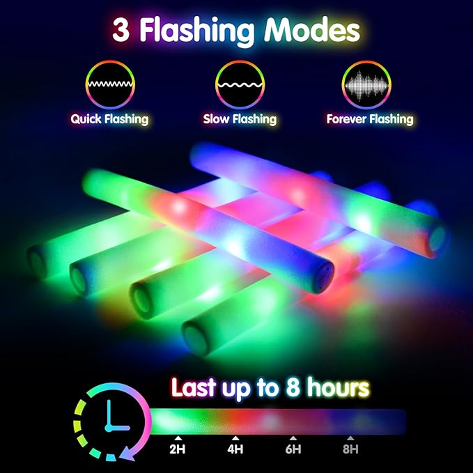 124 PCS Glow Sticks, Foam Glow Sticks, Foam Light up Sticks with 3 Modes Colorful Flashing, Glow In The Dark Party Supplies, Glow Sticks Bulk Party Pack, Foam Glow Sticks Bulk for Party, Raves