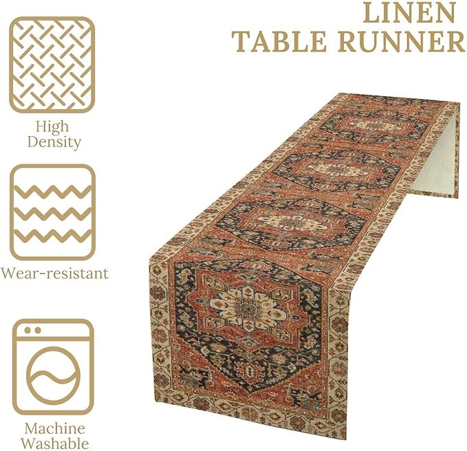 Vintage Boho Floral Table Runner, Rustic Country Farmhouse Orange Black Retro Flower Pattern for Home Kitchen Table Decor Dining Coffee Room Party Decor 13x120in