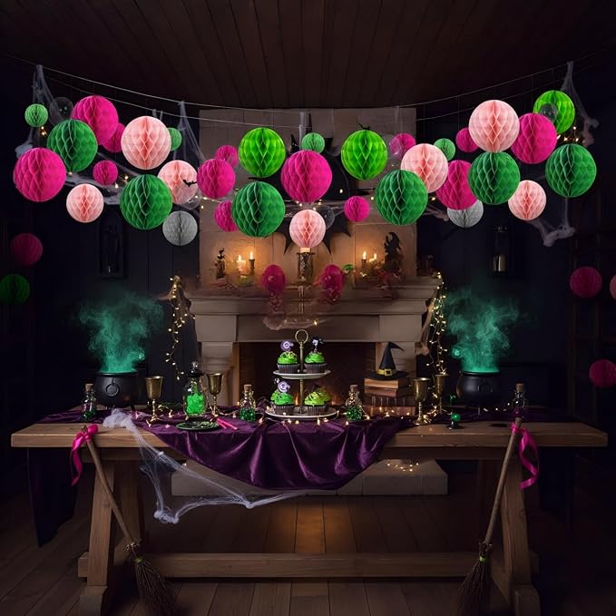 Hot Pink and Green Paper Honeycomb Balls, 12 Pack Hanging Tissue Pom poms - Image 2