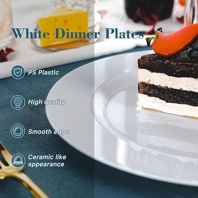 N9R 100PCS White Plastic Plates, 10.25inch Heavy Duty Plastic Disposable Plates, Premium Elegant Dinner Plates for Party