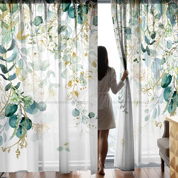 Gold Green Curtains for Living Room Blue Green Eucalyptus Leaves Light - Image 2