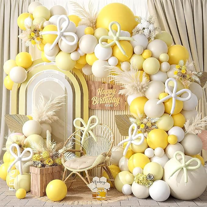 Mustard Yellow Bow Balloon Arch Kit, Sand White Pastel Yellow Balloon Garland by FEYG