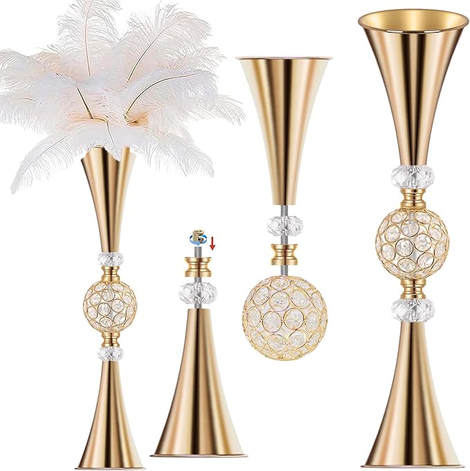 VIJIV Gold Tall Crystal Flower Vases for Centerpiece - 28'' Large Trumpet Vase for Bouquet Skinny Decorative, Table/Floor Vase Flower Stand for Party Event, Dining Table Décor, Bridal Shower, Wedding