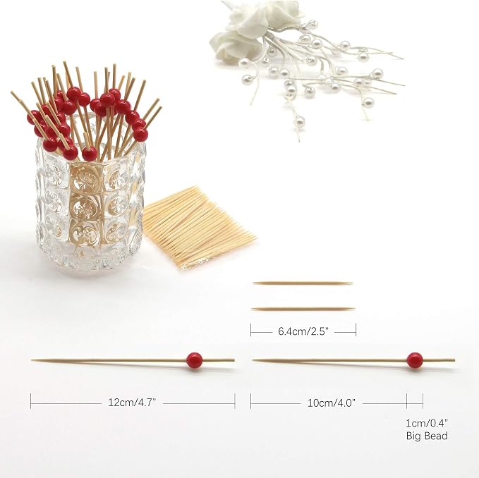 Minisland Red Pearl Bamboo Cocktail Picks, Decorative Appetizer Toothpicks | - Image 2