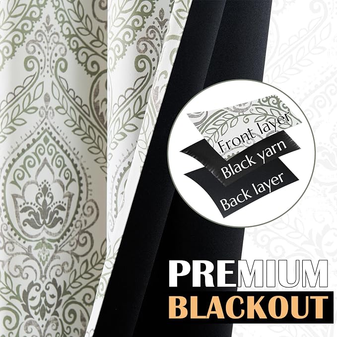 jinchan Sage Green Blackout Curtains 90 Inch Damask Grommet 2 Panels | Room - Image 3