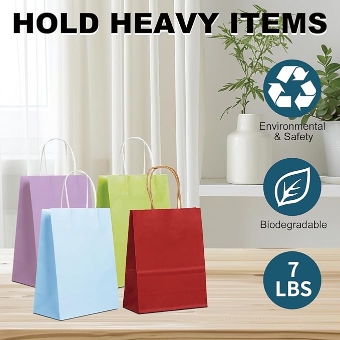BAG BOX 50 Pack Small 5.9x3.1x8.25 Inch Purple Kraft Paper Gift Bags with Handles for Bulk Shopping, Retail, Craft, Party Favors, Wedding, Grocery & Sacks
