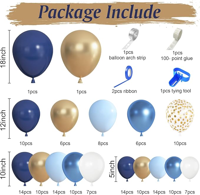 156Pcs Navy Blue Gold Balloons Garland Arch Kit Different Size | Royal Blue - Image 2