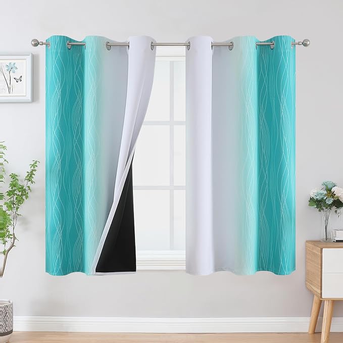 Teal and Greyish White Blackout Curtains 54 Inch Length, Light Blocking by ESTELARTEXTILER