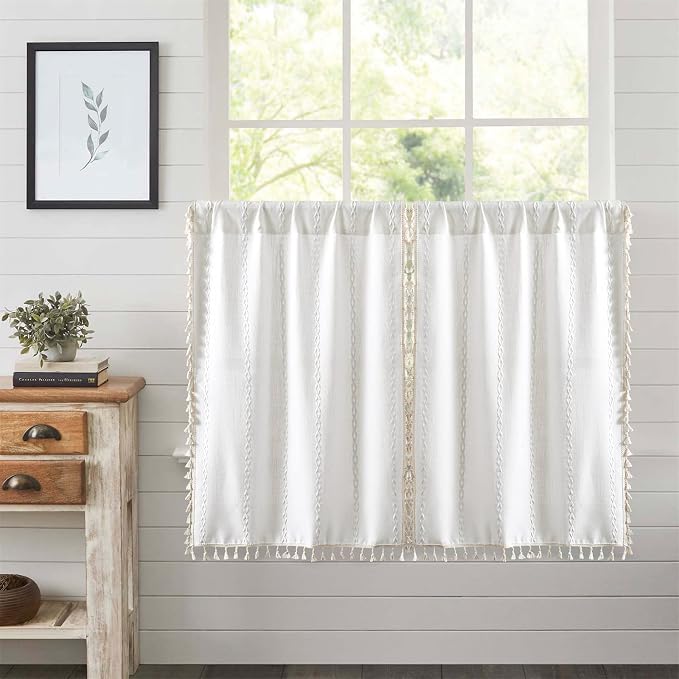 RoomTalks White Boho Farmhouse Kitchen Curtains 36 Inch Length French Striped by RoomTalks