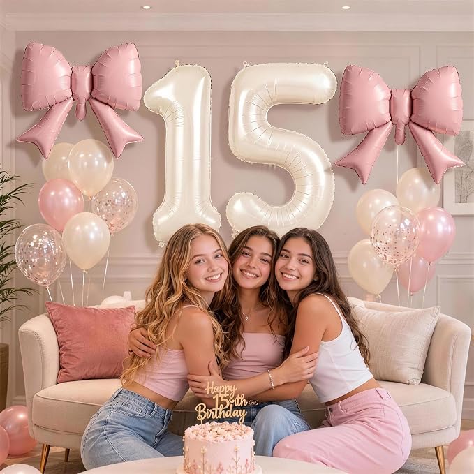 40 Inch Cream Number 1 with Pink Bow Balloon - Image 4