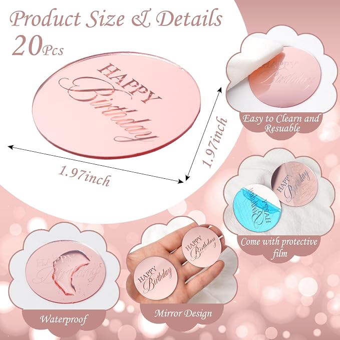 20pcs Pink Birthday Cupcake Toppers Acrylic Cake Picks - Image 2