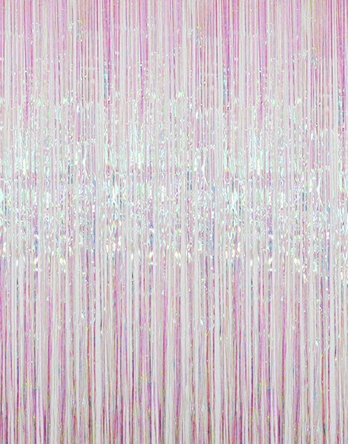 GOER 6.4 ft x 9.8 ft Metallic Tinsel Foil Fringe Curtains,Pack of 2 Party Streamer Backdrop for Unicorn Birthday,Graduation Decorations and New Year Eve (Iridescent)