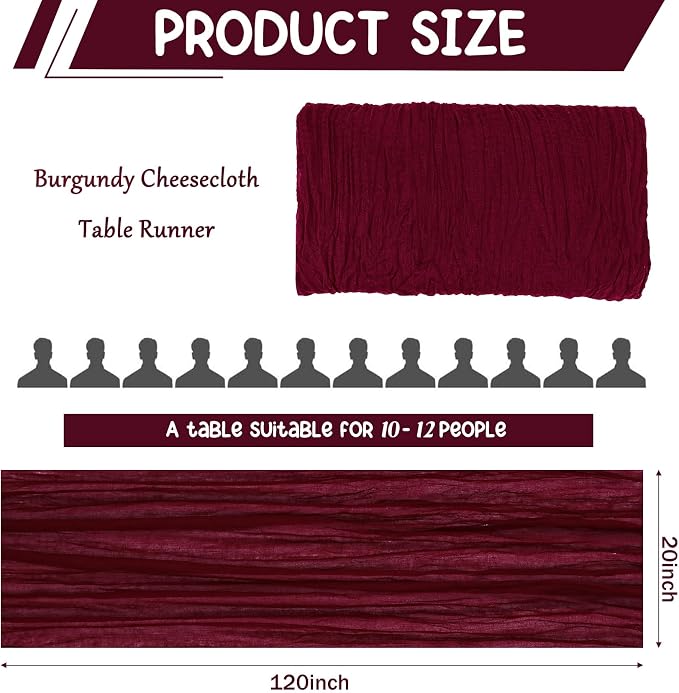 10 Pack Burgundy Cheesecloth Table Runner 10FT Boho Gauze Fabric Table Runner - Image 2