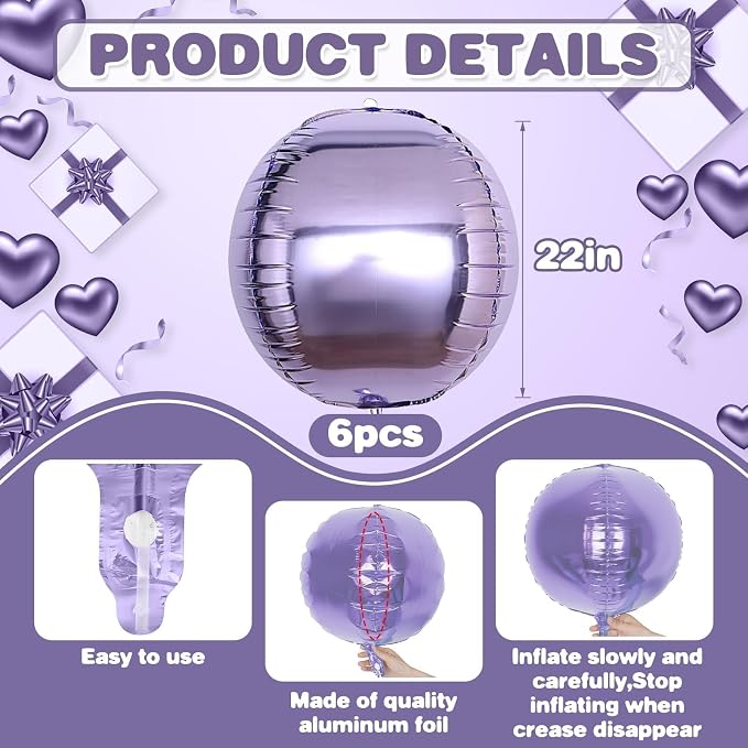 6Pcs Purple Round Foil Balloons, Giant 4D Round Ball Balloon, 22 Inch Metallic - Image 2