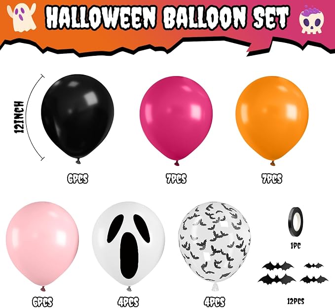 Orange Pink Halloween Balloons, 12 Inch Ghost Balloons, Bat Print Balloon - Image 2