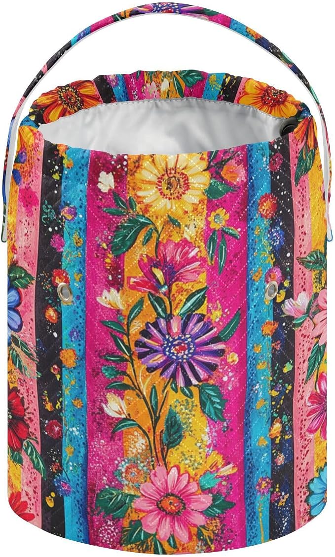 Ethnic Fiesta Striped Mexican Floral Yarn Bag Small Crochet Bag Drawstring Yarn - Image 2