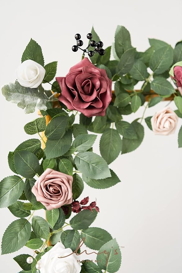 Ling's moment 5FT Artificial Flower Garland Fake Rose Eucalyptus Garland Arch Flowers Vine for Wedding Party Backdrop Home Table Centerpieces Decorations (Dusty Rose & Mauve)