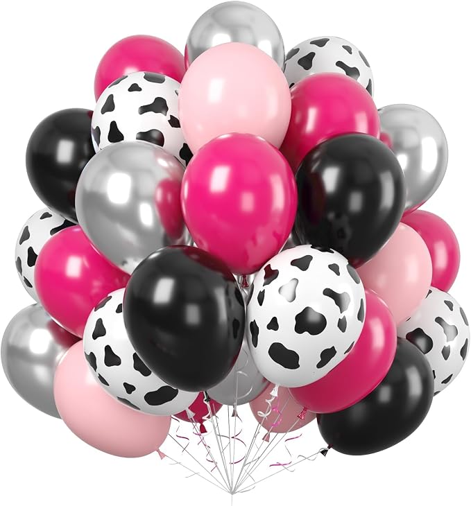 Cow Printed Balloons Pink and Black, Metallic Silver Pastel Hot Pink Black by Paready