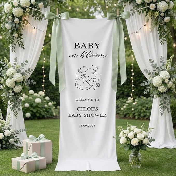 Personalized Baby Shower Welcome Banner, Baby in Bloom Linen - Image 2