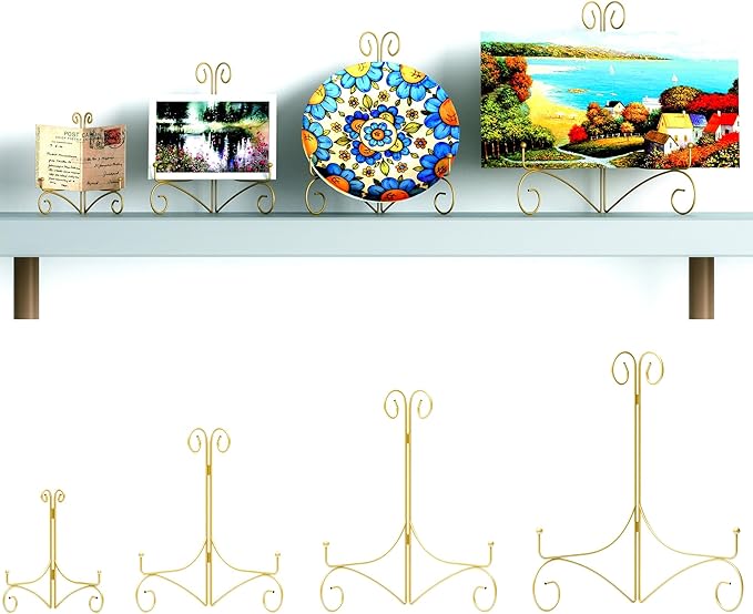 10 Inch Display Plate Stand with Folding Design, Metal Plate Holder for Tables, Picture Easel for Home Decoration, Photo Frame Stand, 10'' Gold