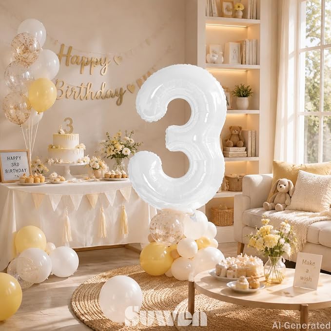 SUWEN 40 Inch White Large 3 Balloon Number Big Foil Helium Numbers 0-9 | Giant - Image 2