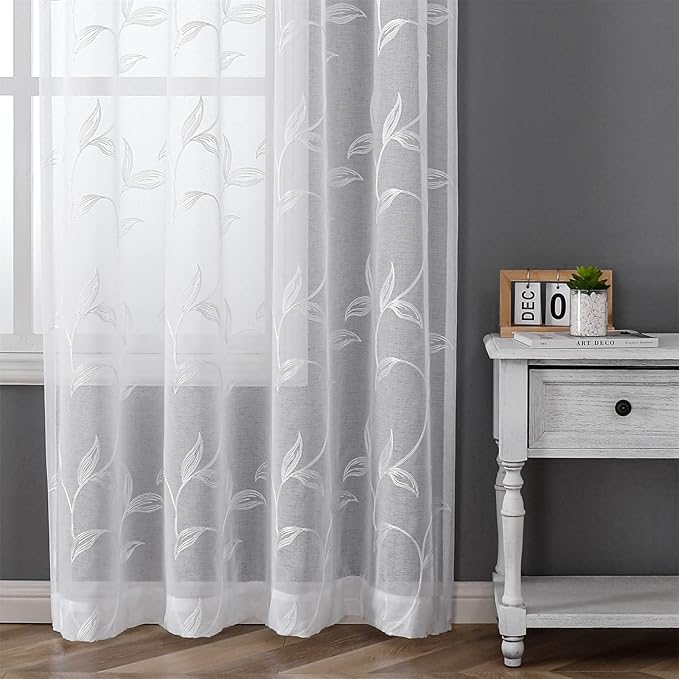 VISIONTEX White Sheer Voile Curtains, Decorative White Embroidery Faux Linen Rod Pocket Window Drapes for Home Kitchen, Living Room and Bedroom 54 x 72 Inch, Set of 2 Curtain Panels