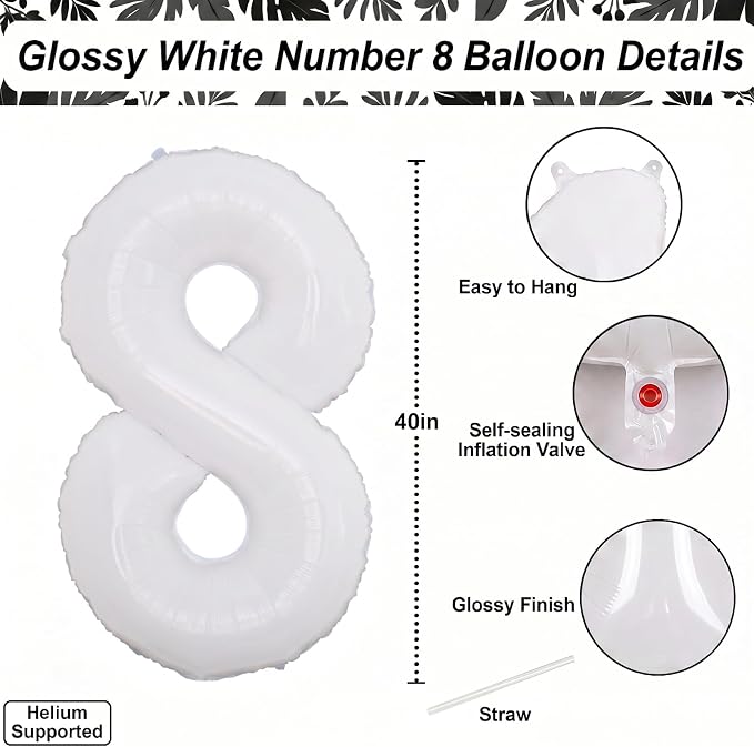 White Number 8 Balloon 40 Inch, Large White Foil Mylar 8th Birthday Decorations - Image 4