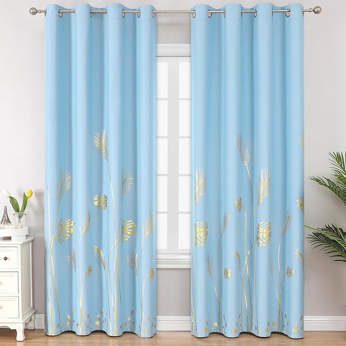 Sky Blue Blackout Curtains for Bedroom, Room Darkening Gold Palm Tree Pattern by ESTELARTEXTILER