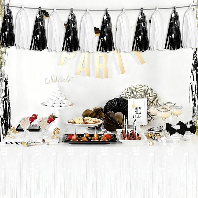 3P Black White Tassel Banner Garland Metallic Foil Fringe Banner Tinsel Tassels - Image 5