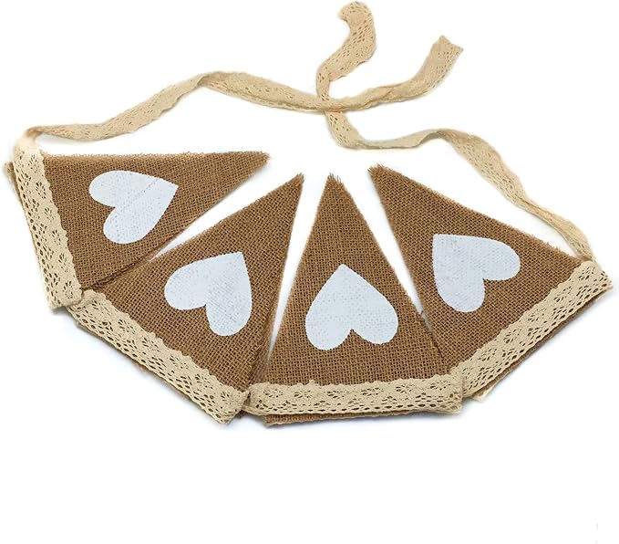 FQTANJU 12Pcs Vintage Heart Jute Burlap Bunting Banner Hessian Flag - Image 3