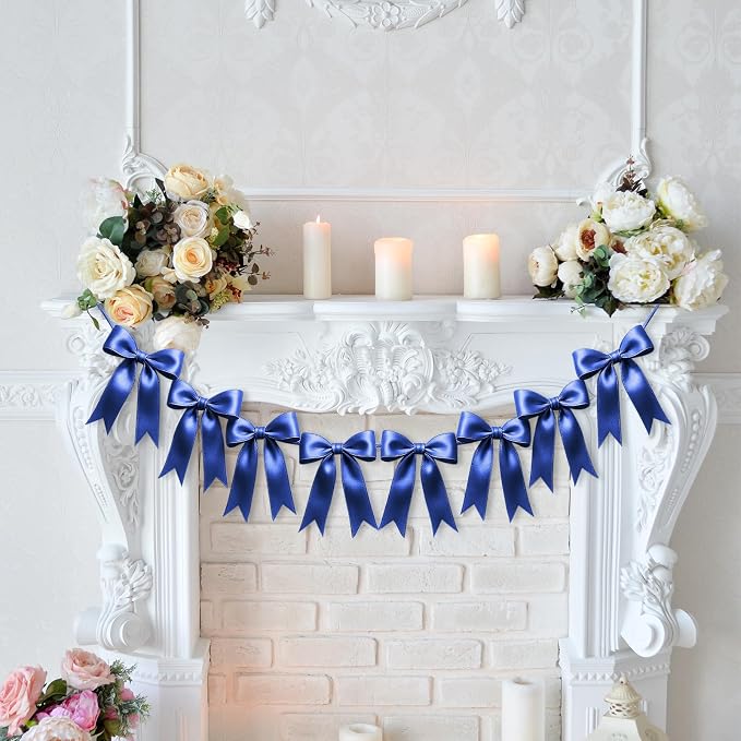 1 String of 8PCS Navy Blue Bow Garland Banner Decoration, Pre-Strung Satin - Image 8