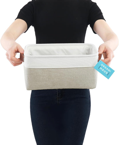 OrganiHaus Small Fabric Storage Baskets for Shelves 3 Pack, 12x8in Closet Storage Bins for Shelves, Cloth Baskets for Organizing, Linen Closet Organizers, Fabric Basket, Beige/White