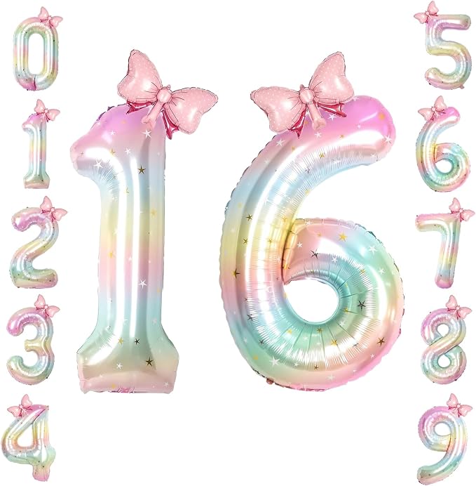 40" Giant Pastel Rainbow Number 16 Balloon Foil Pink Bow Decor Kit | by TNCDJKPA