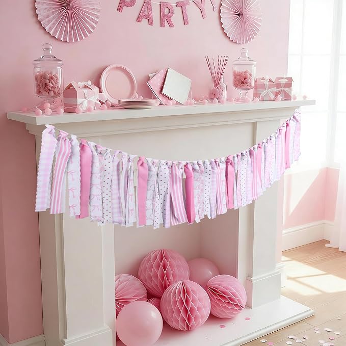 Moukeren Pink Bow Fabric Tassel Garland Coquette Bows Fabric Banner Cotton - Image 6