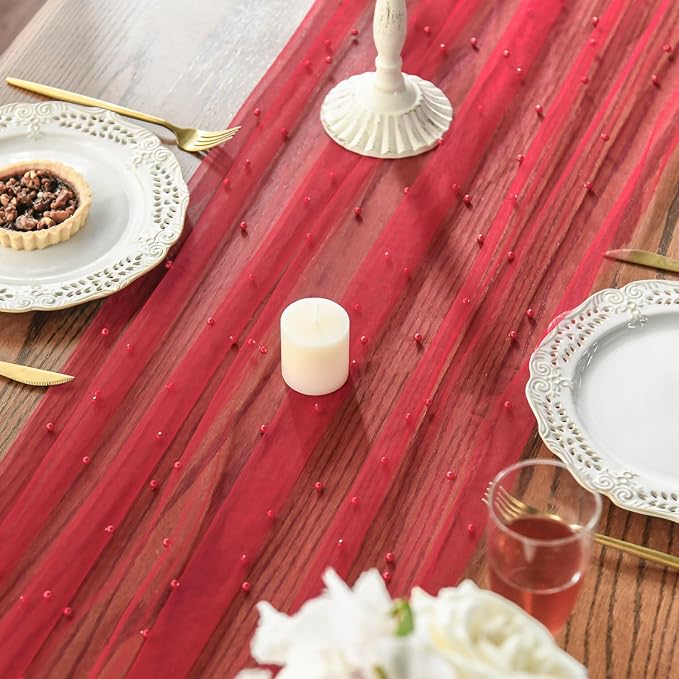 Artoid Mode 10PCS Pearl Red Gauze Table Runner 120 Inch 10FT, Seasonal Sheer - Image 4