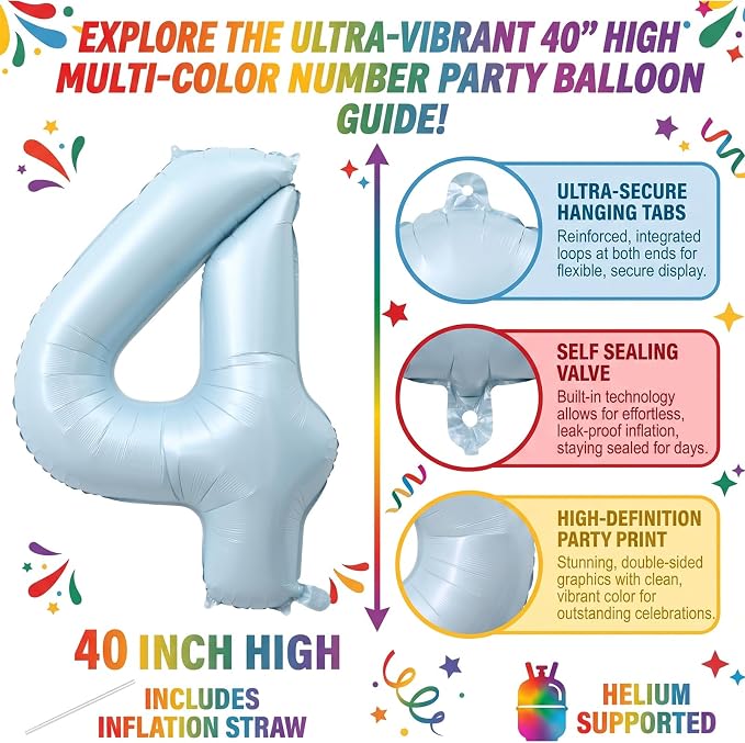 Light Blue Number 4 Balloon for 4th Anniversary Birthday Decor 40 Inch Foil | - Image 2